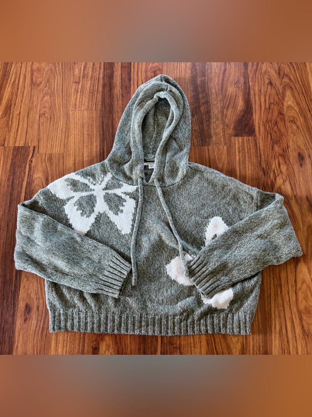 American Eagle Outfitters Heather Gray Hooded Floral Knit Sweater